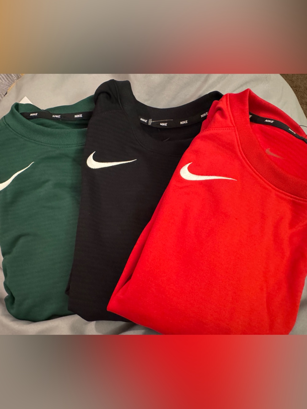 Nike Crewneck Sweatshirts in Red, Black, and Green with White Swoosh